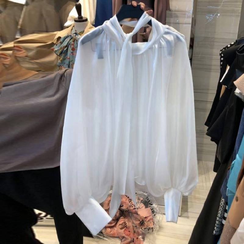 셔링블라우스 샤인 광택 쉬폰 왕리본블라우스 레이스