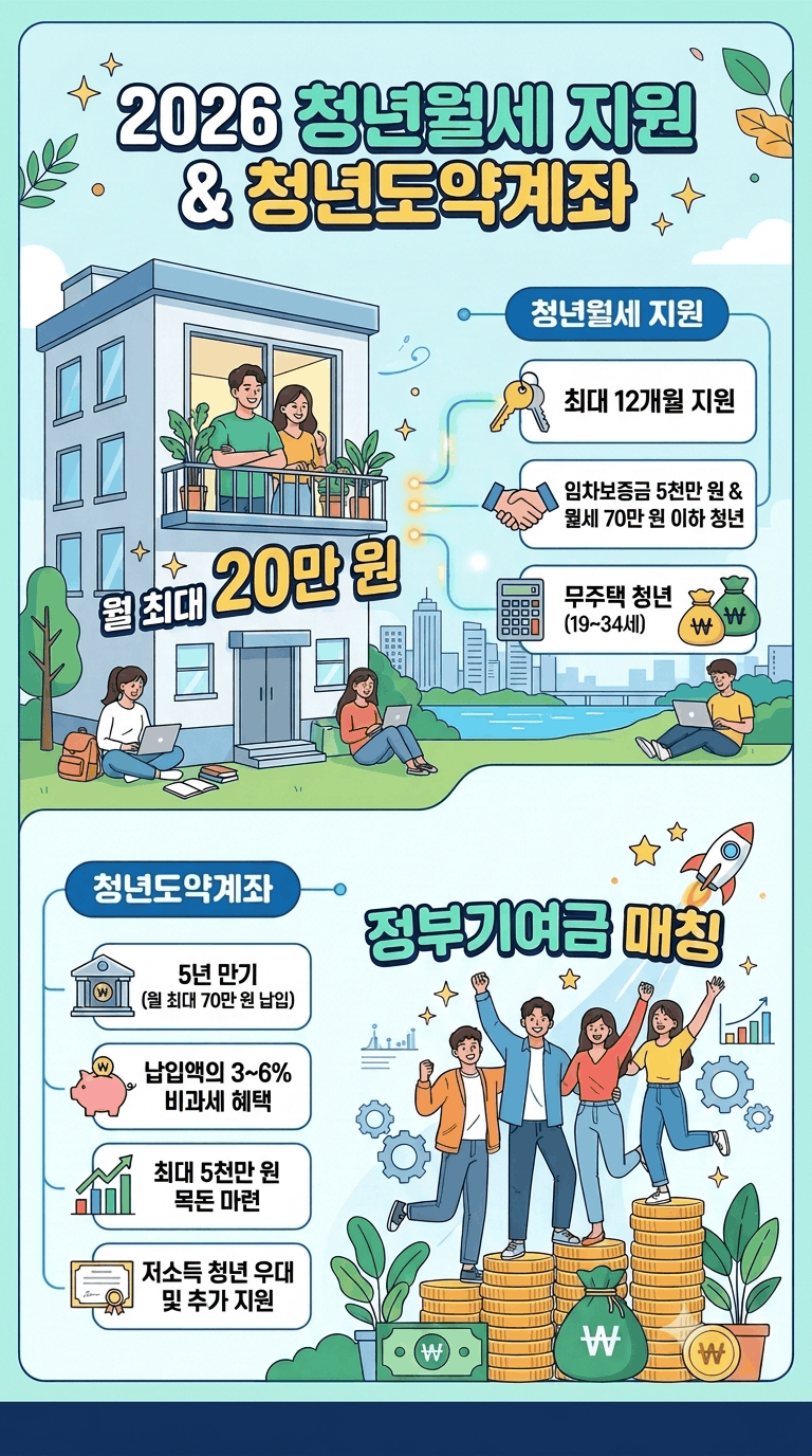 2026 청년월세 지원 및 청년도약계좌 핵심 내용이 포함된 타이틀 인포그래픽 이미지