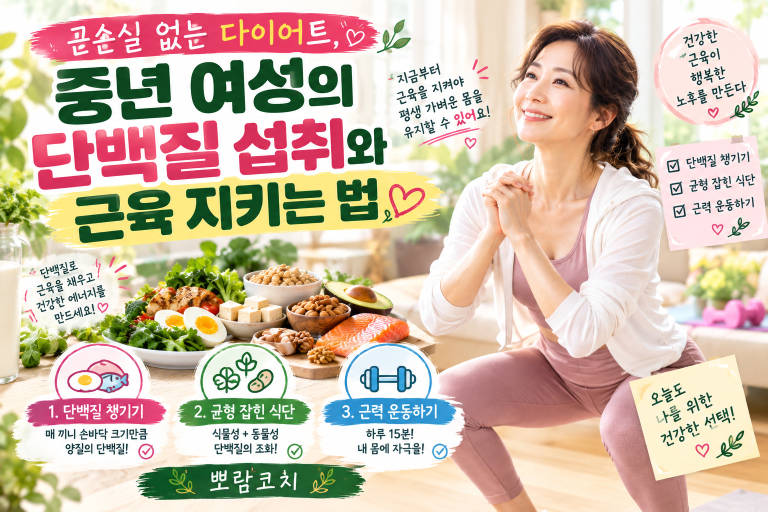 편안한 옷차림으로 집에서 가볍게 스쿼트를 하며 밝게 미소 짓는 모습