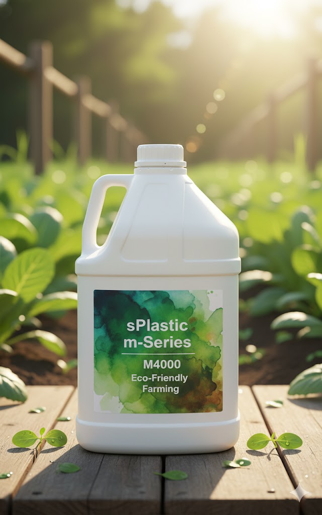 푸른 밭의 나무판 위에 M4000 HDPE 용기가 놓여 있습니다. 라벨에는 'sPlastic m-Series M4000 Eco-Friendly Farming' 문구가 적혀 있어, HDPE 용기가 지속 가능한 친환경 농업에 기여함을 상징합니다. (M4000 용기와 친환경 농업의 이미지를 결합하여 블로그의 핵심 메시지를 마무리합니다.