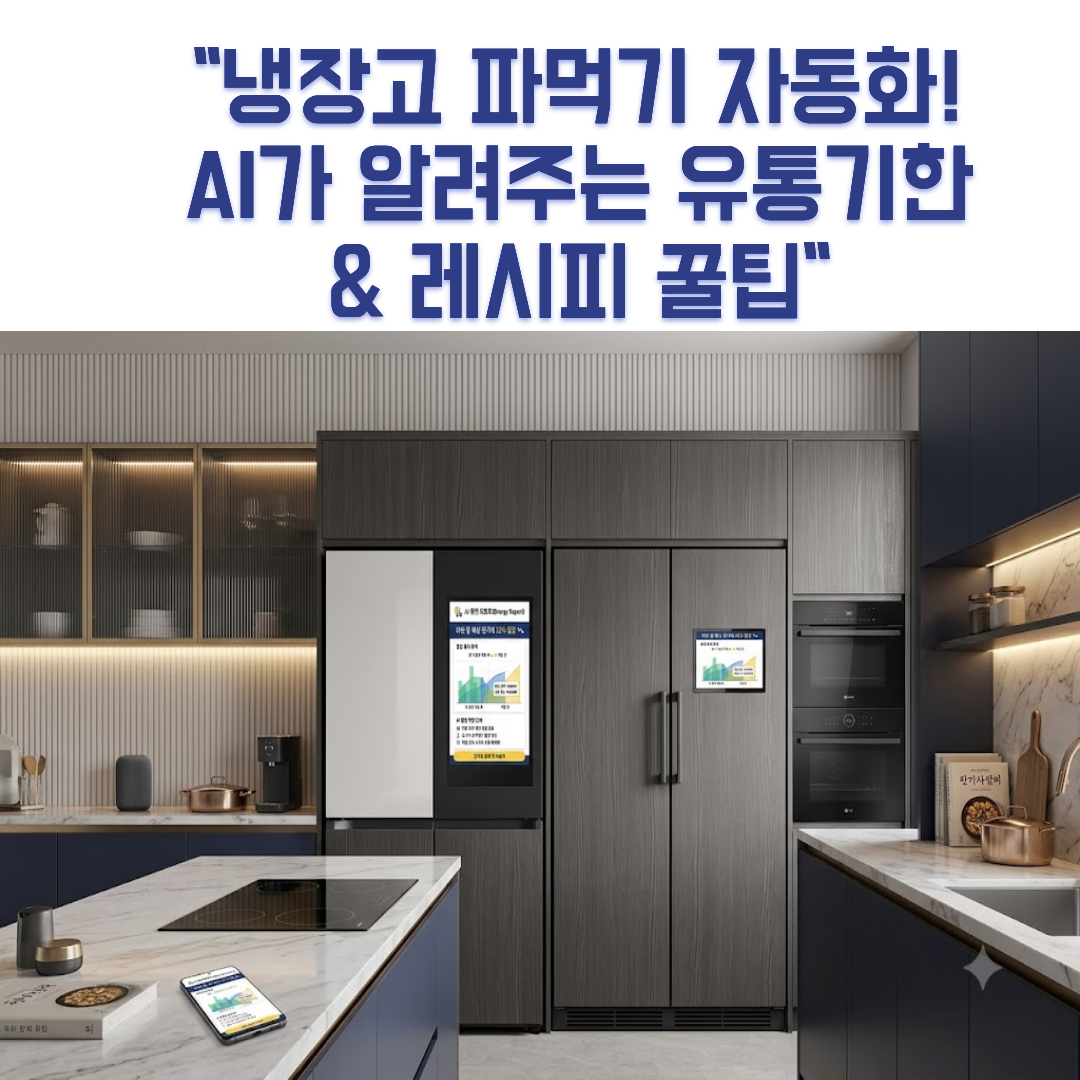 스마트 디스플레이가 탑재된 최신 AI 냉장고 모습으로, 비전 AI를 활용한 식재료 유통기한 관리 및 식비 절약 팁