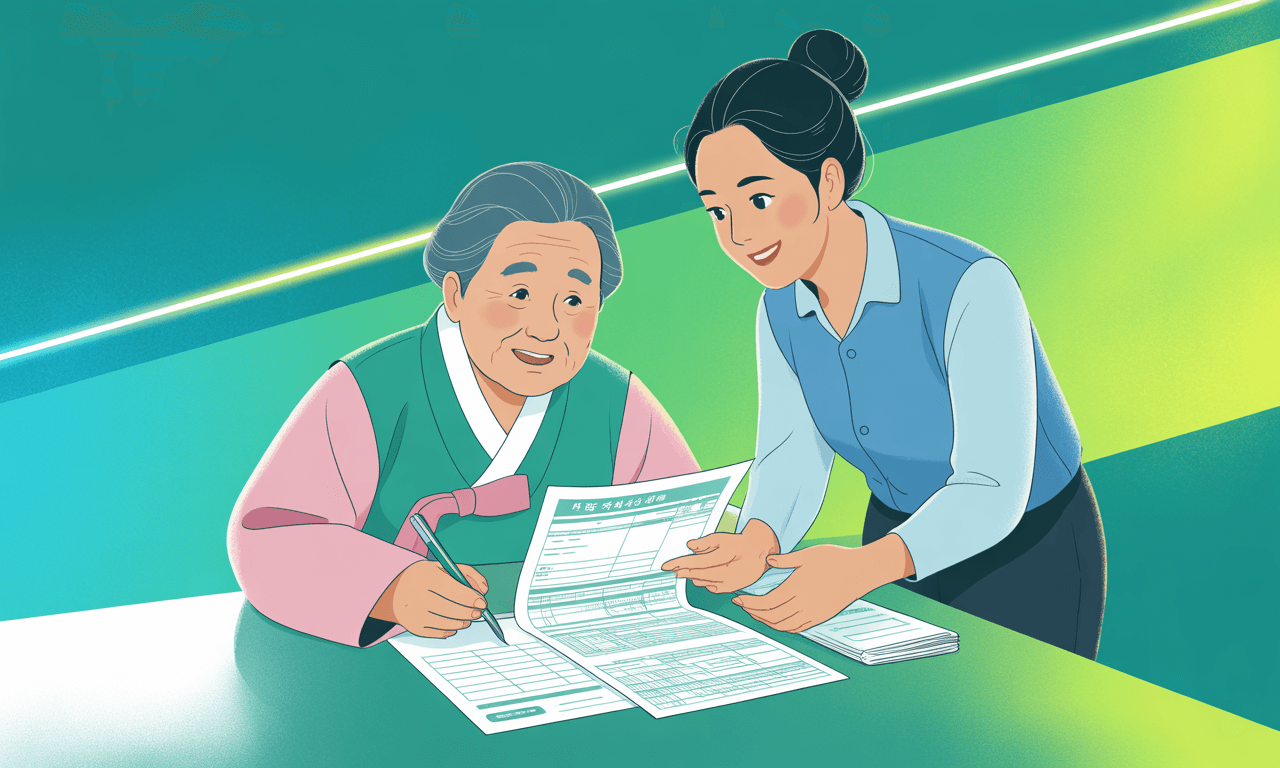 기초연금-신청-주민센터-서류를-작성하는-어르신을-돕고있는-모습