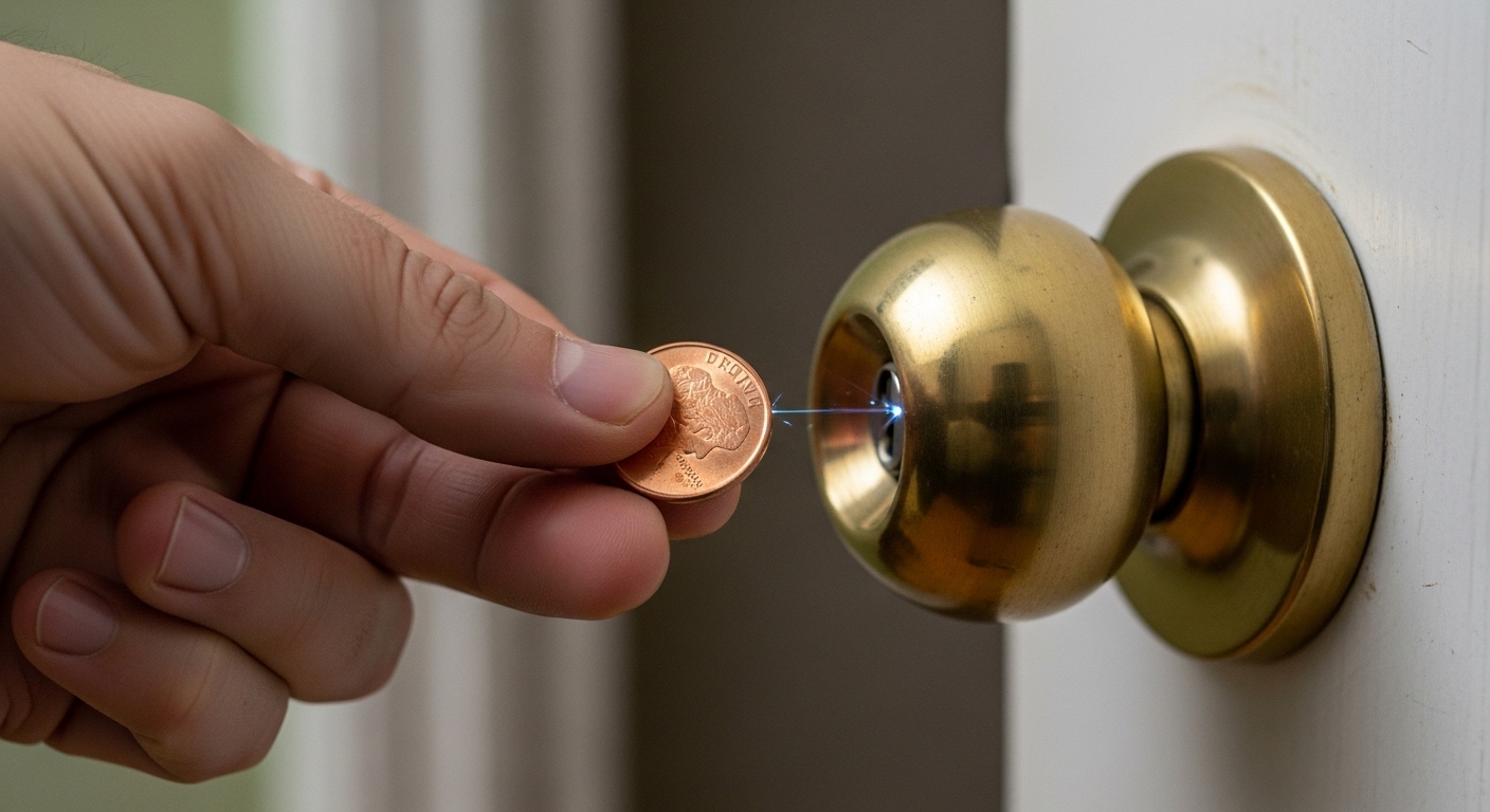 문고리에 동전을 대어 정전기를 미리 방전시키는 모습.