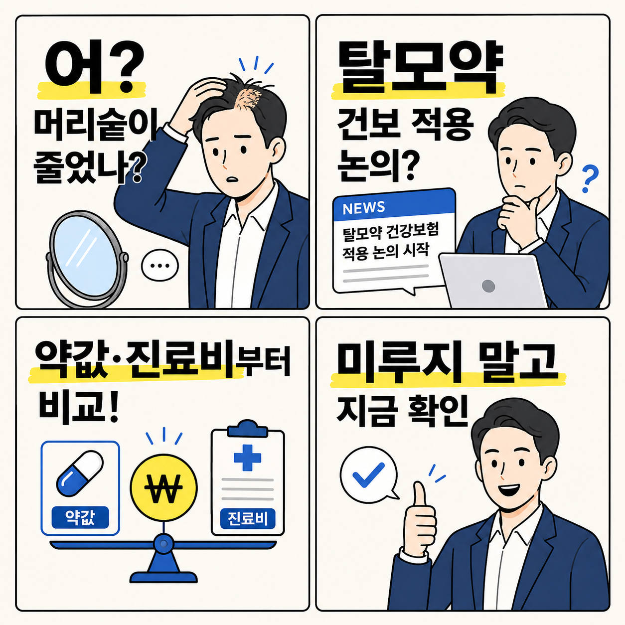 머리숱 감소를 걱정하던 남성이 탈모약 건강보험 적용 논의를 보고, 약값과 진료비를 비교한 뒤 미루지 말고 지금 확인하자는 메시지를 전하는 4컷 만화.