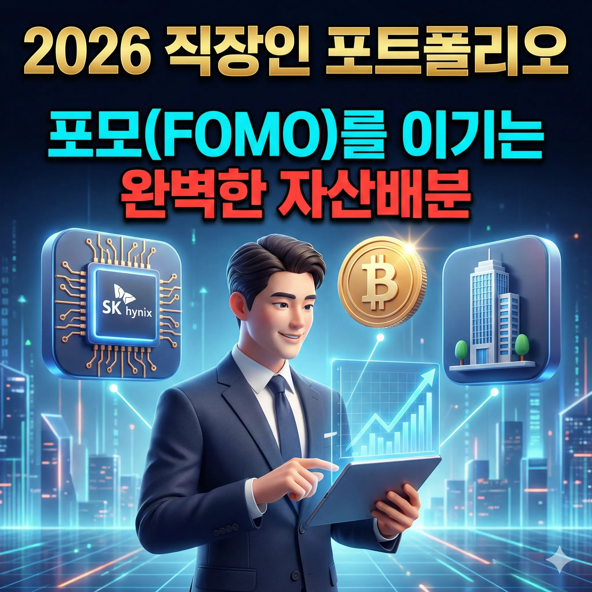 2026년 직장인을 위한 SK하이닉스, 비트코인, 실물 자산 기반의 자산 배분 포트폴리오 전략과 포모(FOMO) 극복 방법을 안내하는 대표 썸네일 이미지