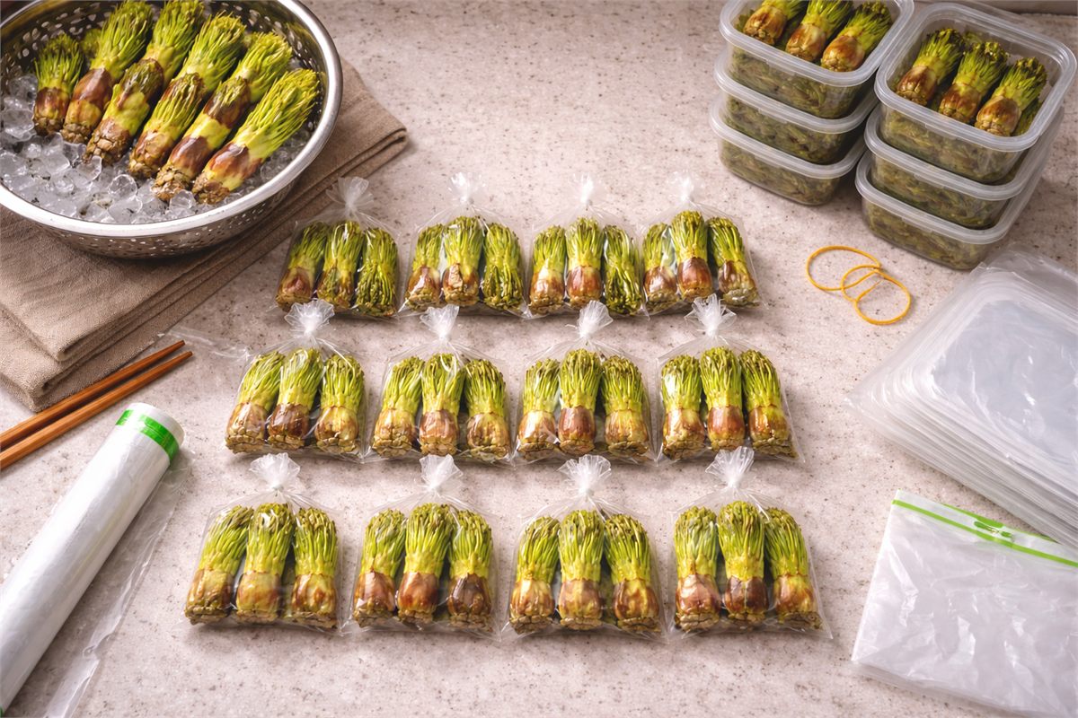 한 번 먹을 양으로 나눈 데친 두릅과 보관용기 