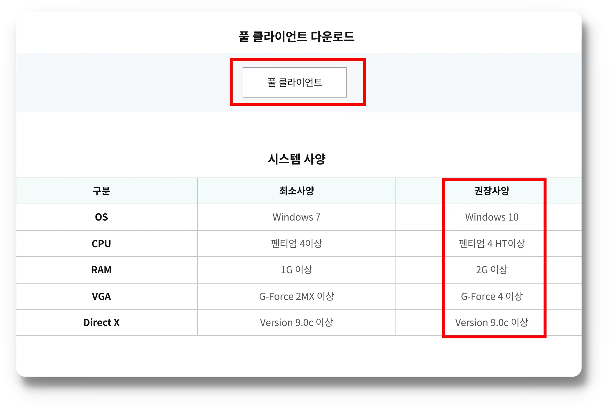 게임 다운로드 버튼과 시스템 사양 확인
