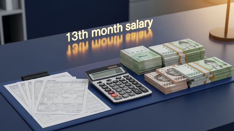 책상 위에 '13th month salary' 텍스트와 함께 급여 명세서, 계산기, 녹색과 갈색 원화 지폐 다발이 놓여있는 13월의 보너스 연봉 계산 장면