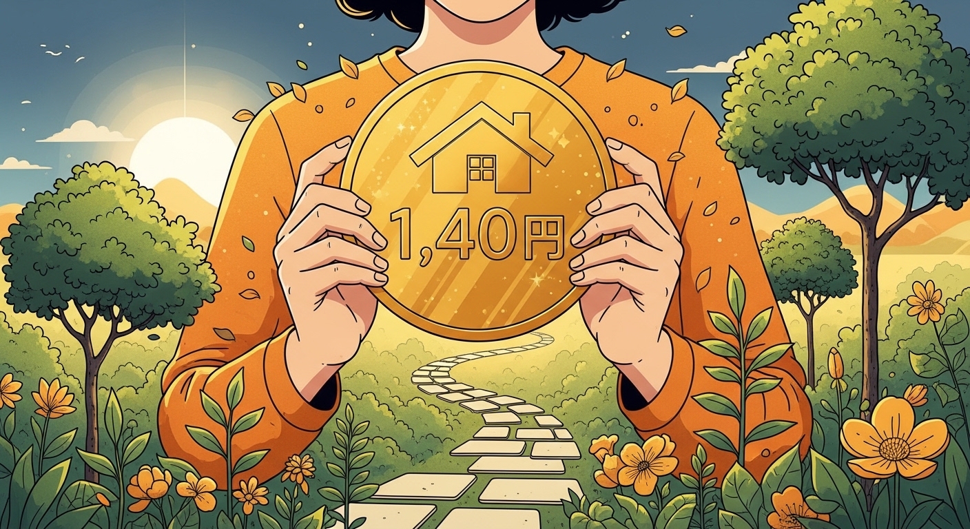 희망찬 미래를 향해 걸어가는 사람이 1,440만 원이 적힌 큰 동전을 들고 있는 모습.
