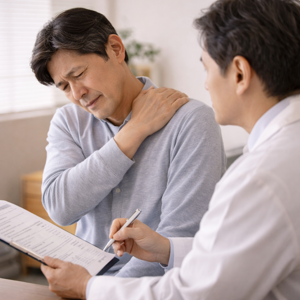 오십견 의심 증상으로 병원에서 상담을 받는 모습