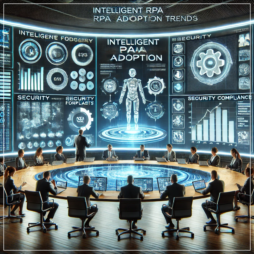 기업 임원진이 RPA 도입과 관린된 산업 전망, 보안 규정, 직원 재교육 계획 등의 데이터를 디지털 대시보드로 분석하고 있는 고도화된 전략회의실