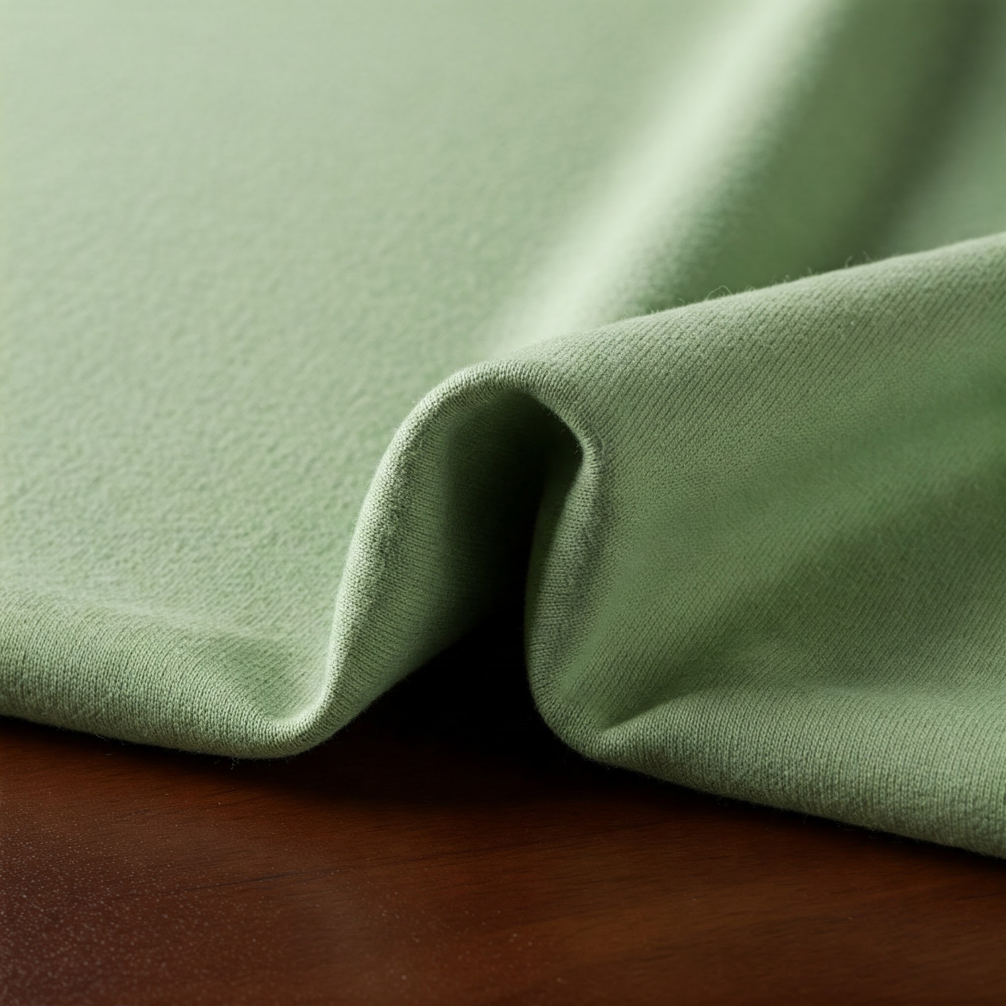 연두색 원단이 책상 위에 있다.