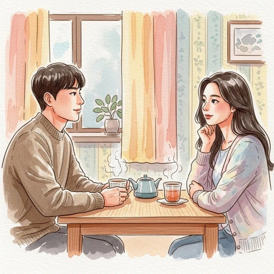 따뜻한 차를 마시며 대화하는 두 사람.