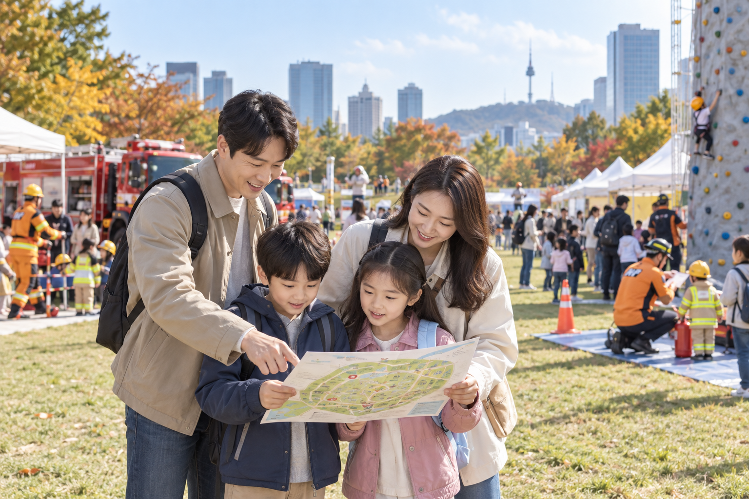 서울의 야외 안전 체험 행사에서 지도를 보는 가족