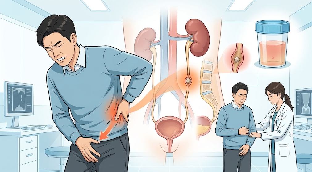옆구리에서 하복부로 이어지는 통증, 요관 결석 및 혈뇨 검체 양상을 표현한 요로결석 메디컬 일러스트