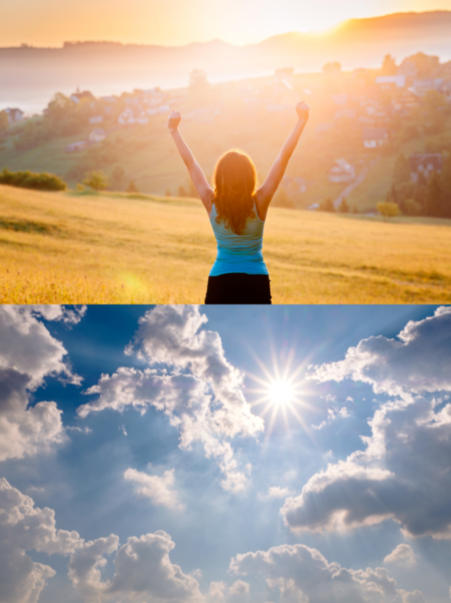봄 햇살 아래 야외에서 기지개를 켜며 스트레칭하는 여성과 하늘에 비치는 따뜻한 햇살 이미지