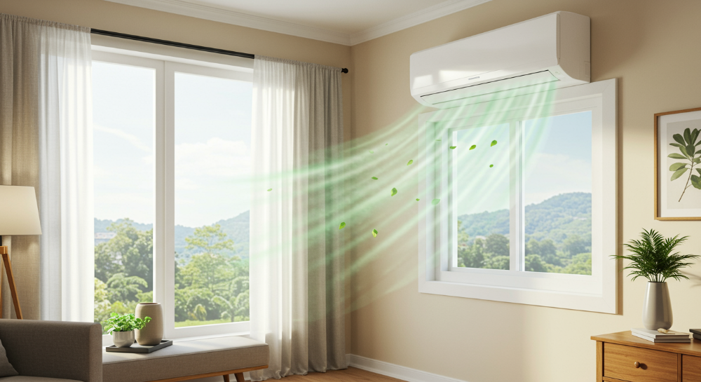 창문형 에어컨에서 나오는 시원하고 깨끗한 바람이 방 안의 불쾌한 냄새를 제거하는 모습, 쾌적하고 상쾌한 실내 환경을 시각적으로 표현.