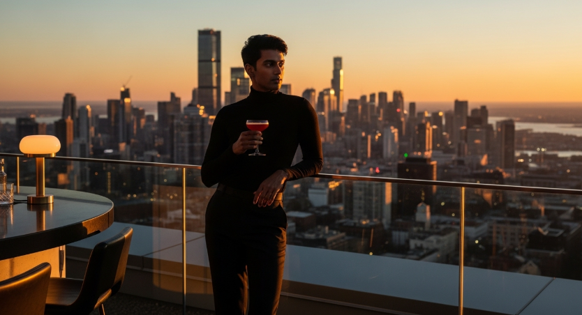 톰포드 패뷸러스에 어울리는 이미지 : 석양이 진 시간에 루프탑 바에 서있는 남성