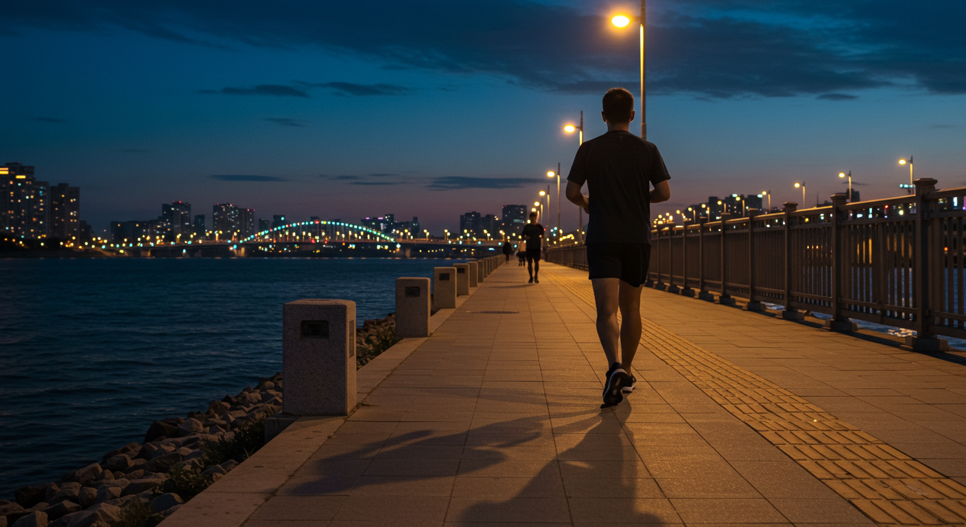 This is a photo of a man walking along a riverfront path at night, with the city skyline and a bridge illuminated in the background.