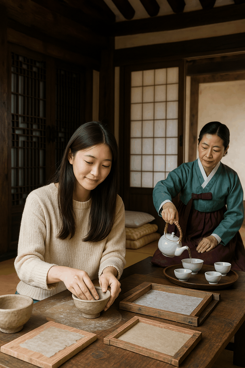 전통 한옥 안에서 젊은 여성이 다도와 도자기 만들기를 체험하며 한국 전통 문화를 즐기는 모습