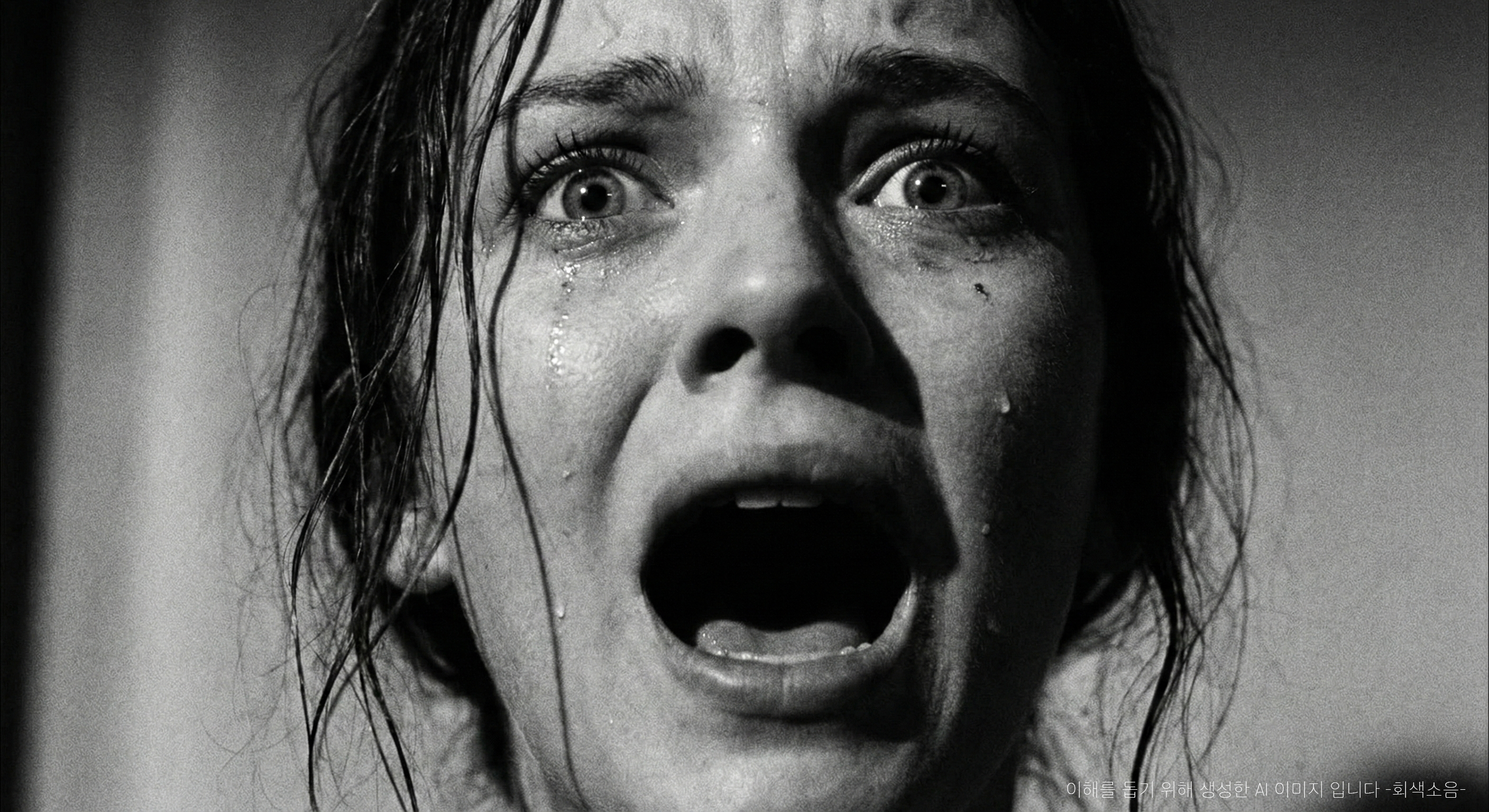 흑백 고대비로, 위를 올려다보며 공포에 질린 듯 비명을 지르는 젊은 여성의 얼굴을 거칠게 극클로즈업한 장면.