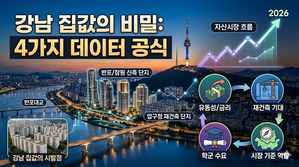압구정 현대아파트와 반포 래미안 원베일리를 배경으로 4가지 변수 아이콘과 그래프가 결합된 썸네일