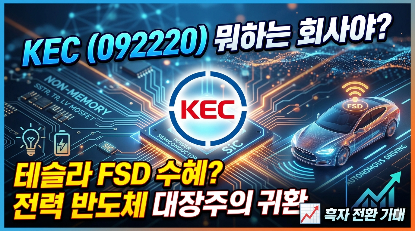 KEC 로고와 전력 반도체 칩, 그리고 테슬라 자율주행 이미지가 합성된 주가 전망 배경화면