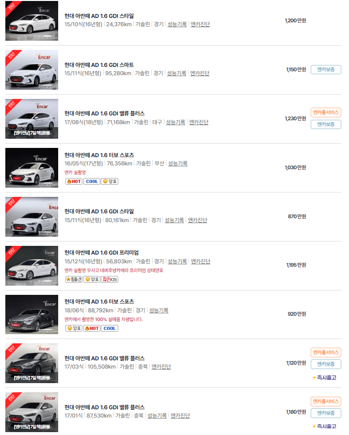 아반뗴 AD(15년 ~ 18년식) 중고차 가격