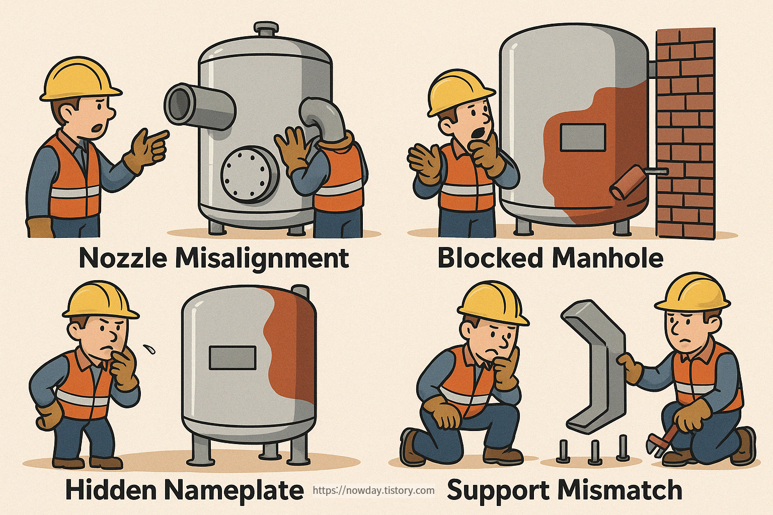 Cartoon-style illustration showing common tank installation mistakes: misaligned nozzle causing extra elbows, manhole blocked by wall, nameplate covered by paint, and anchor bolt mismatching leg support.