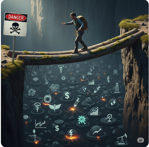 위험 표지판이 있는 좁은 외나무다리를 건너는 사람의 모습. 다리 아래에는 다양한 '섹터 ETF' 아이콘들이 그려진 지뢰밭이 펼쳐져 있다. '테마 ETF'의 집중 투자 위험성을 시각적으로 표현