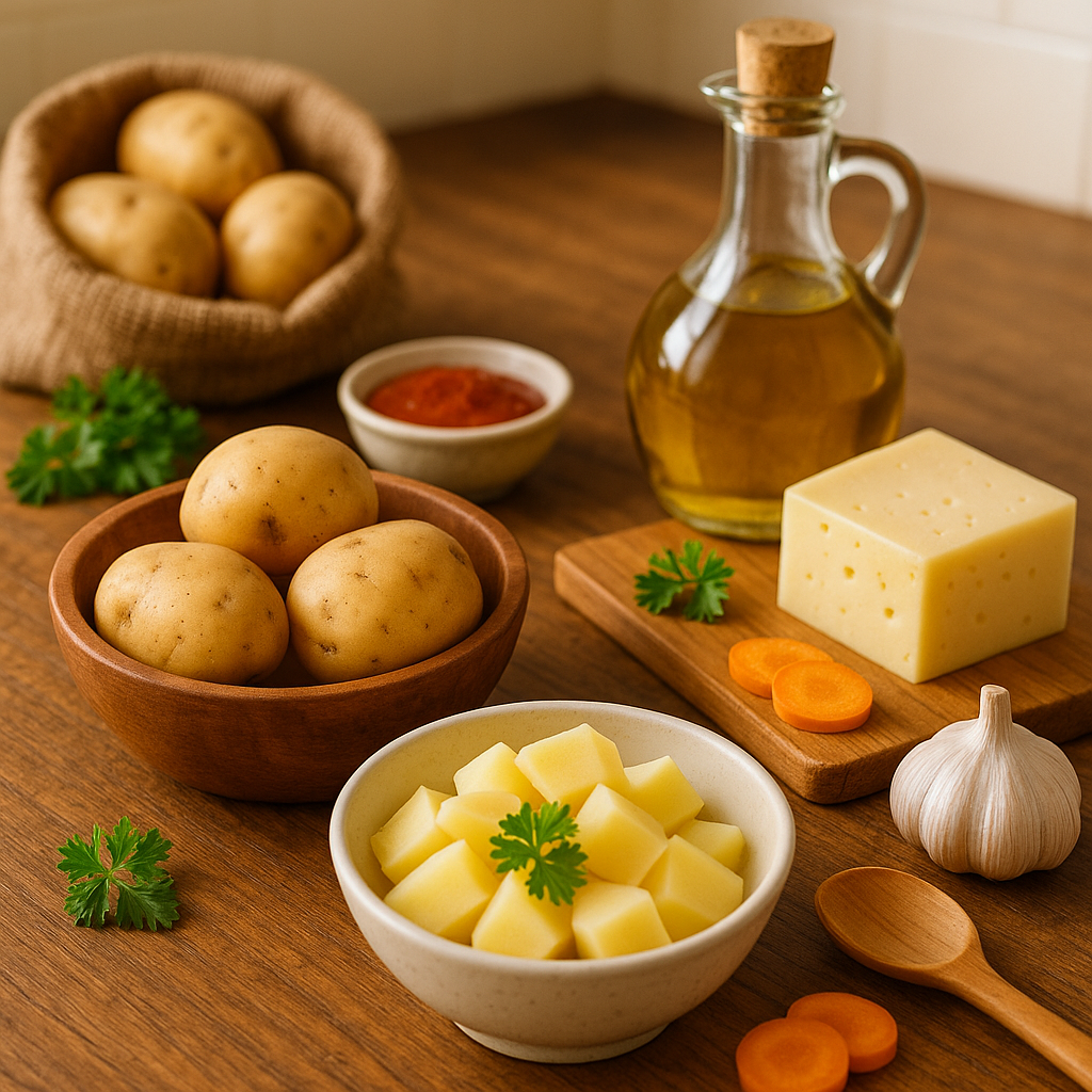 햇감자와 식재료가 놓인 주방 장면