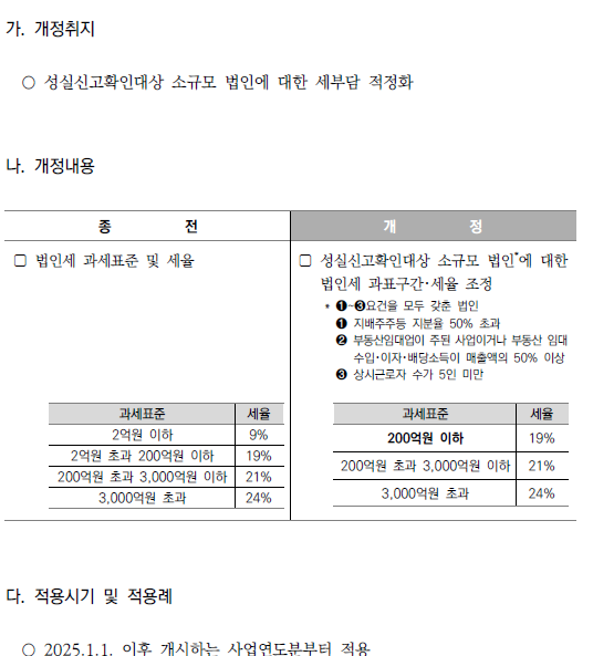 성실신고확인대상 소규모 법인에 대한 법인세 과표구간세율 조정