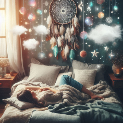 색색의 별과 구름들이 방 안을 꾸미고 있으며, 사람이 잠을 자고 있다.