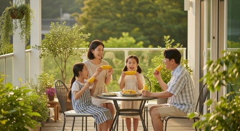 초당옥수수와 함께 여름철 바깥 테라스에서 간식 타임을 즐기는 한국 가족
