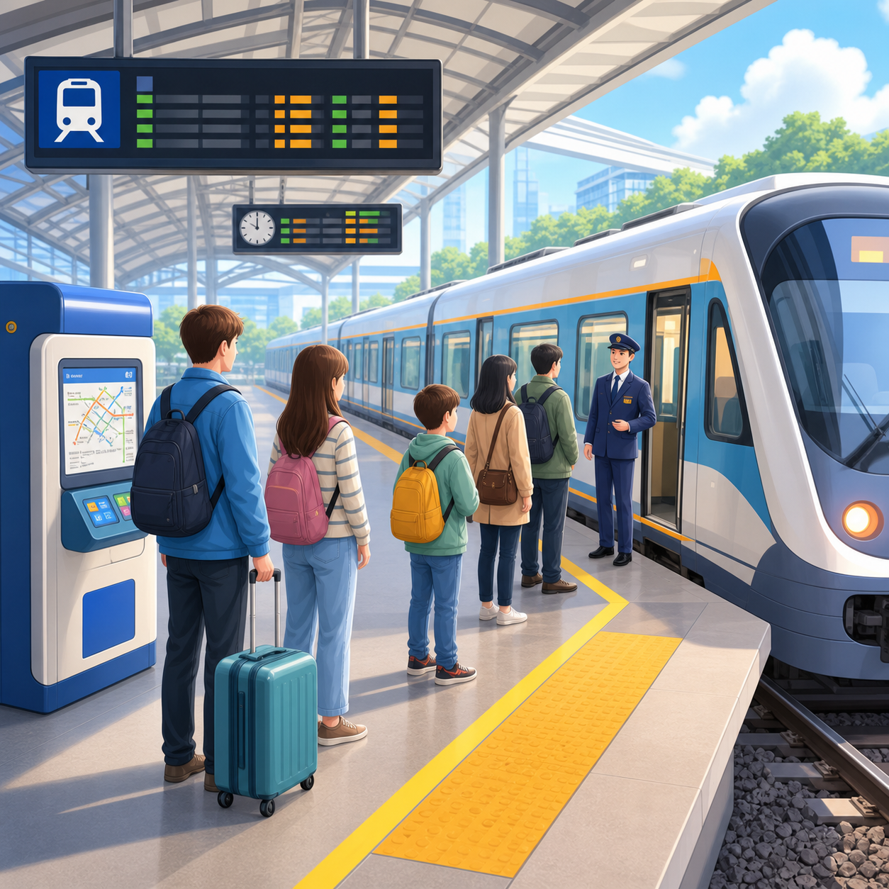 Educational illustration of a train station platform with passengers and a train