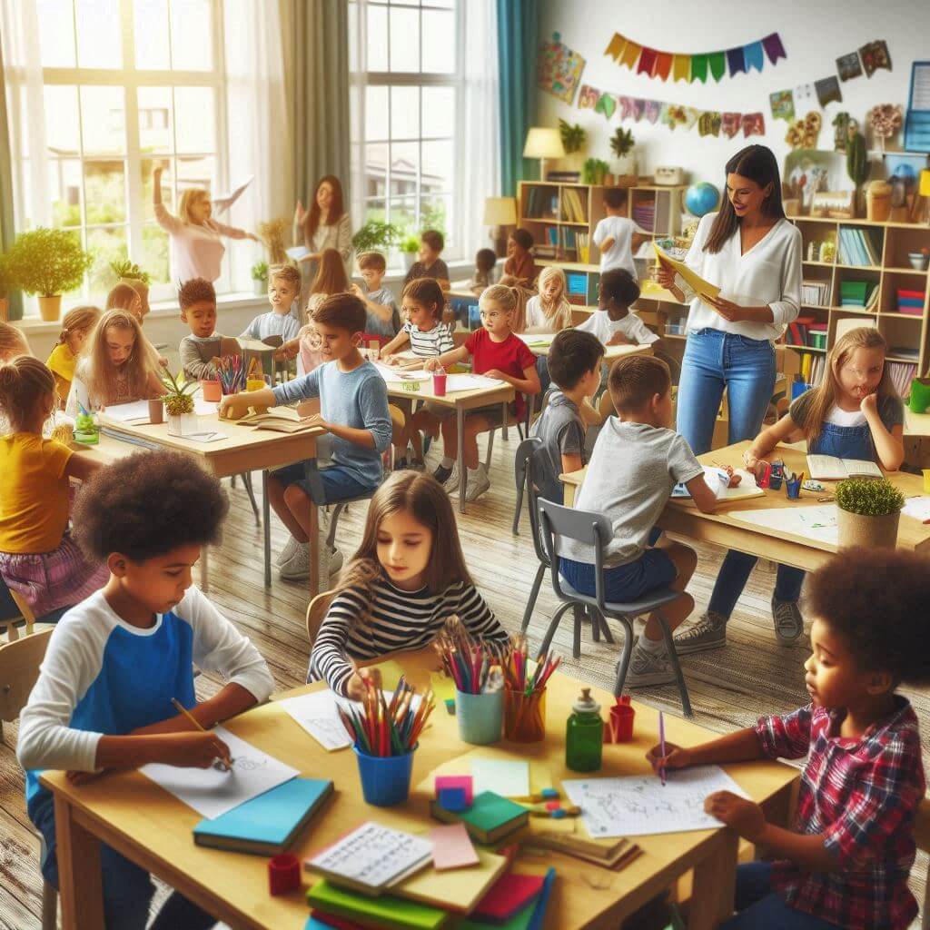 학교에서-수업중인-아이들과-선생님