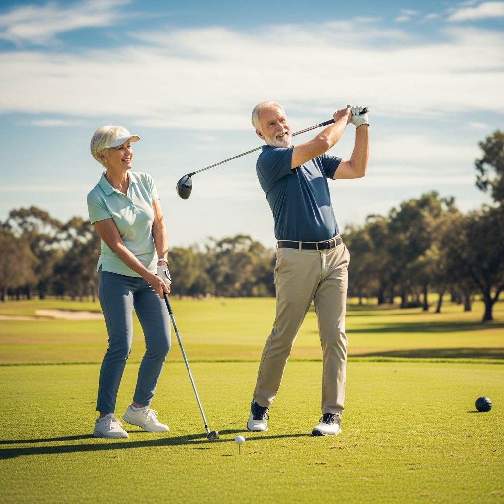 푸른 잔디 위에서 밝게 웃으며 골프를 즐기는 활기찬 시니어 부부의 모습