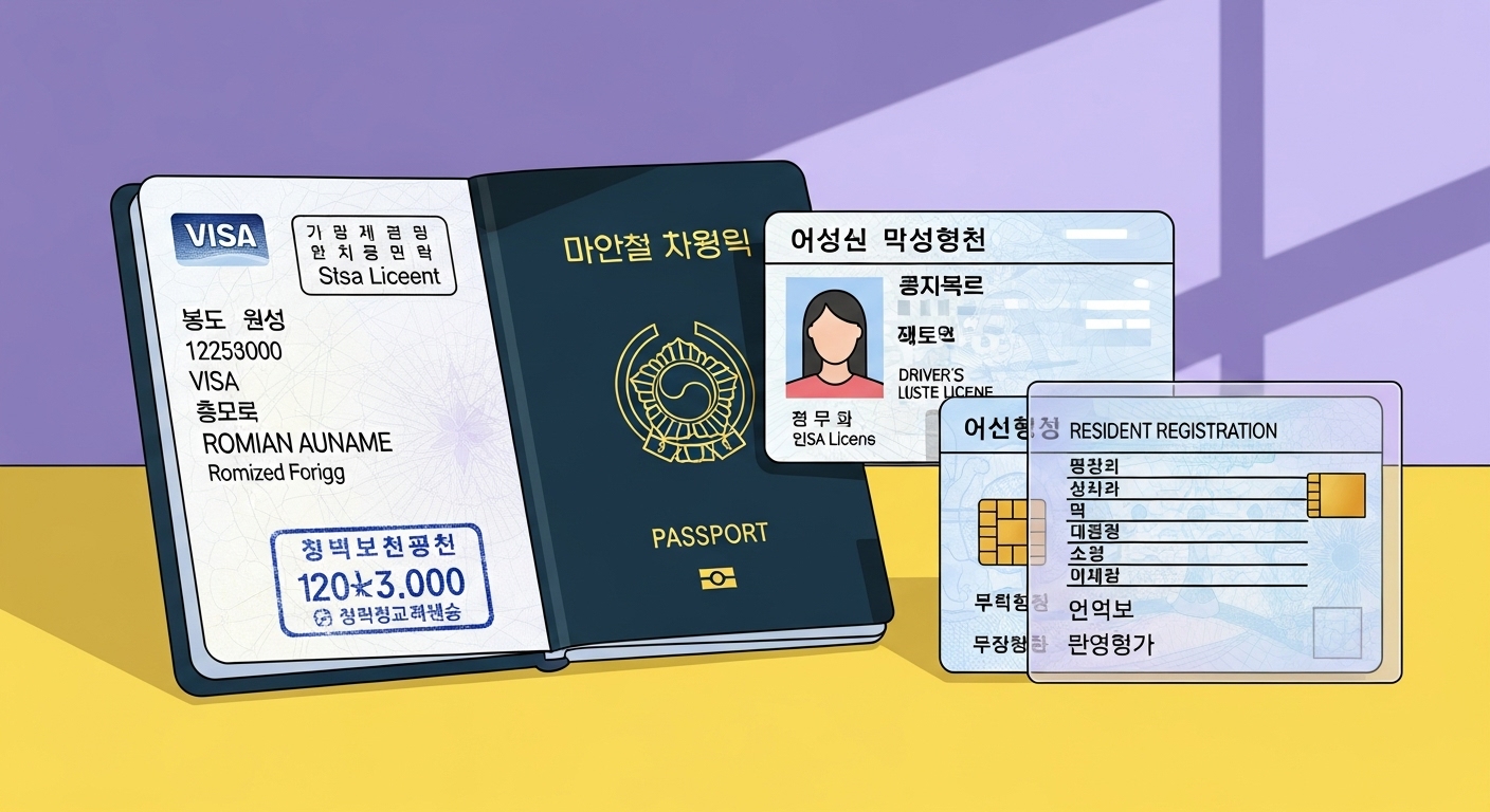 한국어와 로마자 외국어 이름이 명확하게 표시된 여권, 운전면허증, 주민등록증 등 다양한 신분증이 나란히 놓여있는 깔끔한 일러스트.