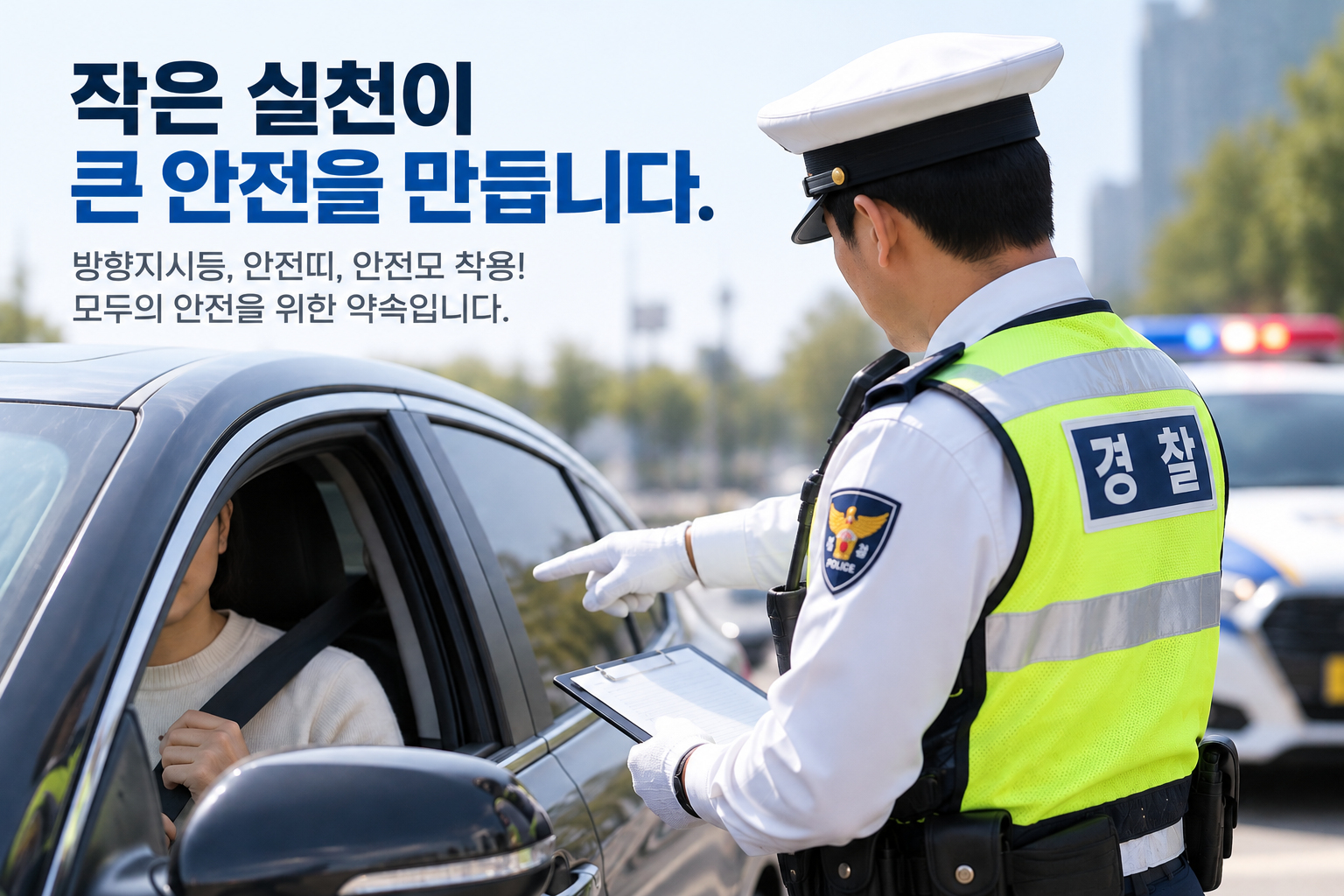 10월 교통단속을 앞두고 안전띠 착용 등 교통안전 수칙을 점검하는 모습