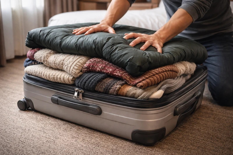 호텔 객실 바닥에서 두꺼운 패딩과 니트가 가득 들어찬 캐리어를 손으로 눌러 닫으려는 모습