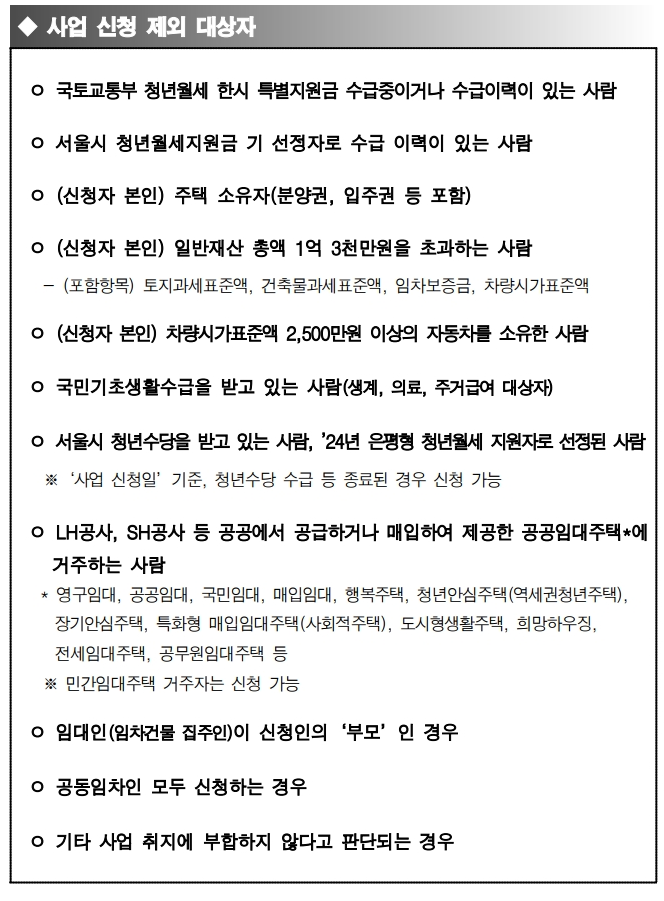 청년월세지원 사업신청 제외 대상자