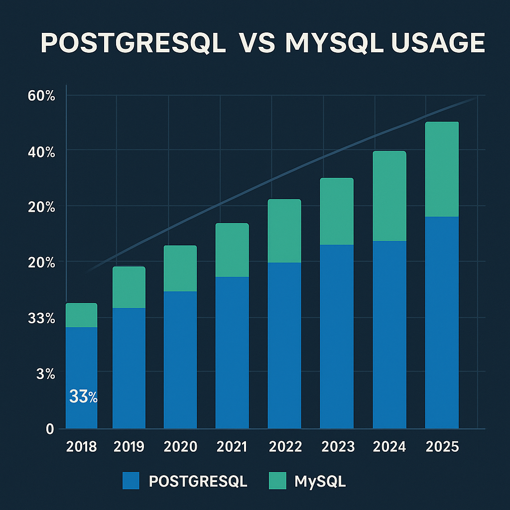 PostgreSQL vs MySQL 사용률 비교 차트 (2018-2025)