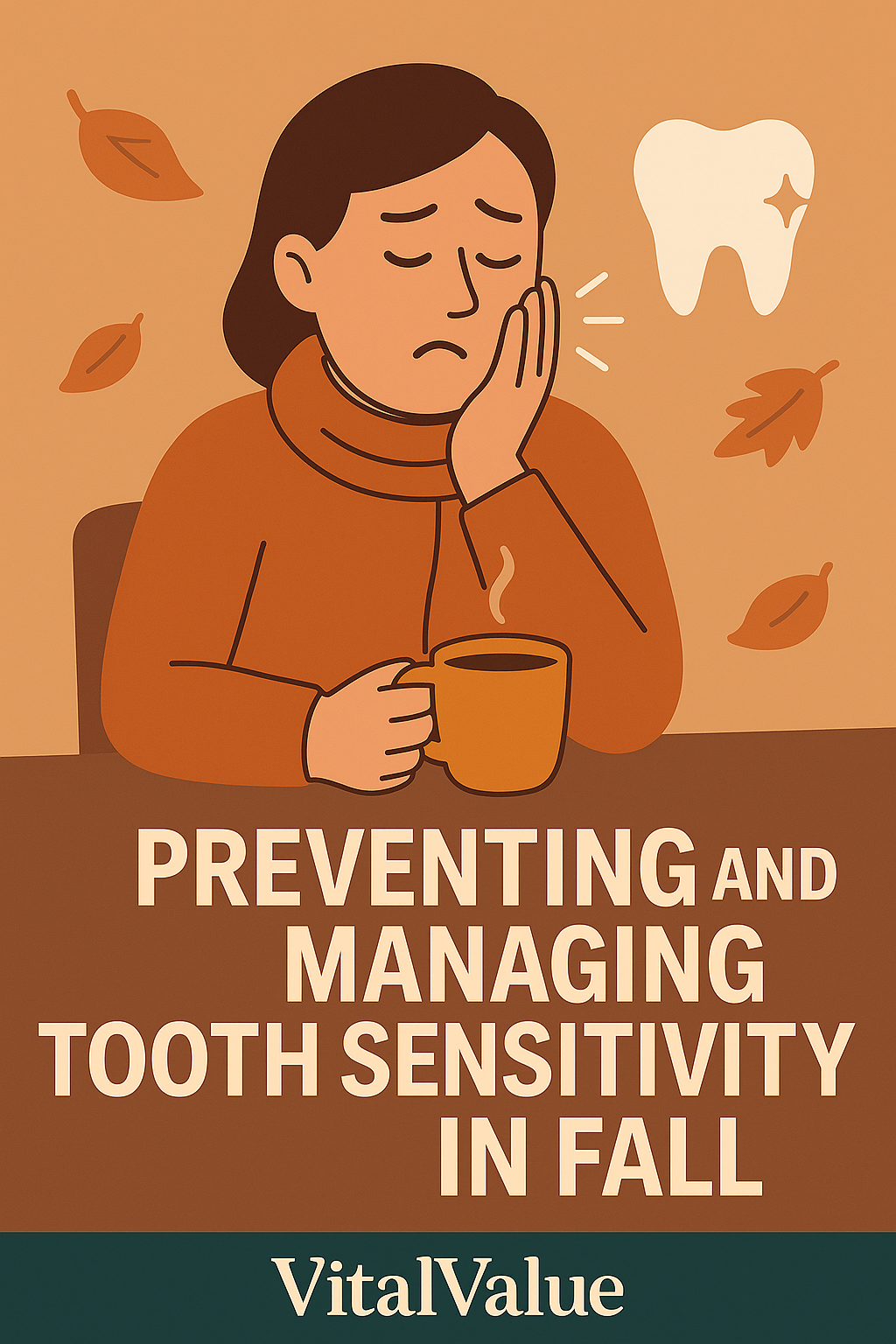 &ldquo;A flat autumn-style illustration of a person holding a hot drink while touching their cheek in discomfort, symbolizing tooth sensitivity. A sparkling tooth icon and falling leaves highlight preventing and managing tooth sensitivity in fall, designed in VitalValue poster style.&rdquo;