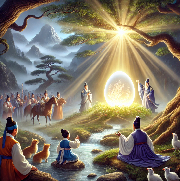 알 주위를 둘러싼 동물들과 마을 사람들