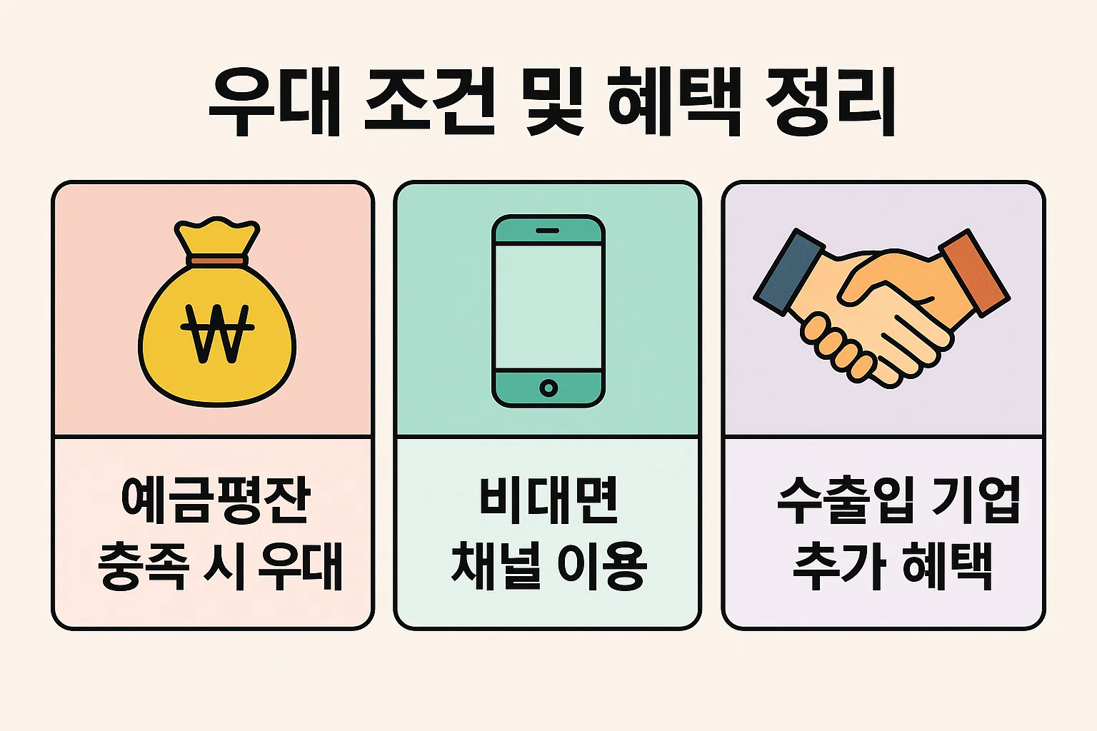 예금평잔 충족, 비대면 채널 이용, 수출입 기업 추가 혜택 등 기업 고객이 외환송금 시 받을 수 있는 수수료 우대 조건을 정리한 인포그래픽입니다.