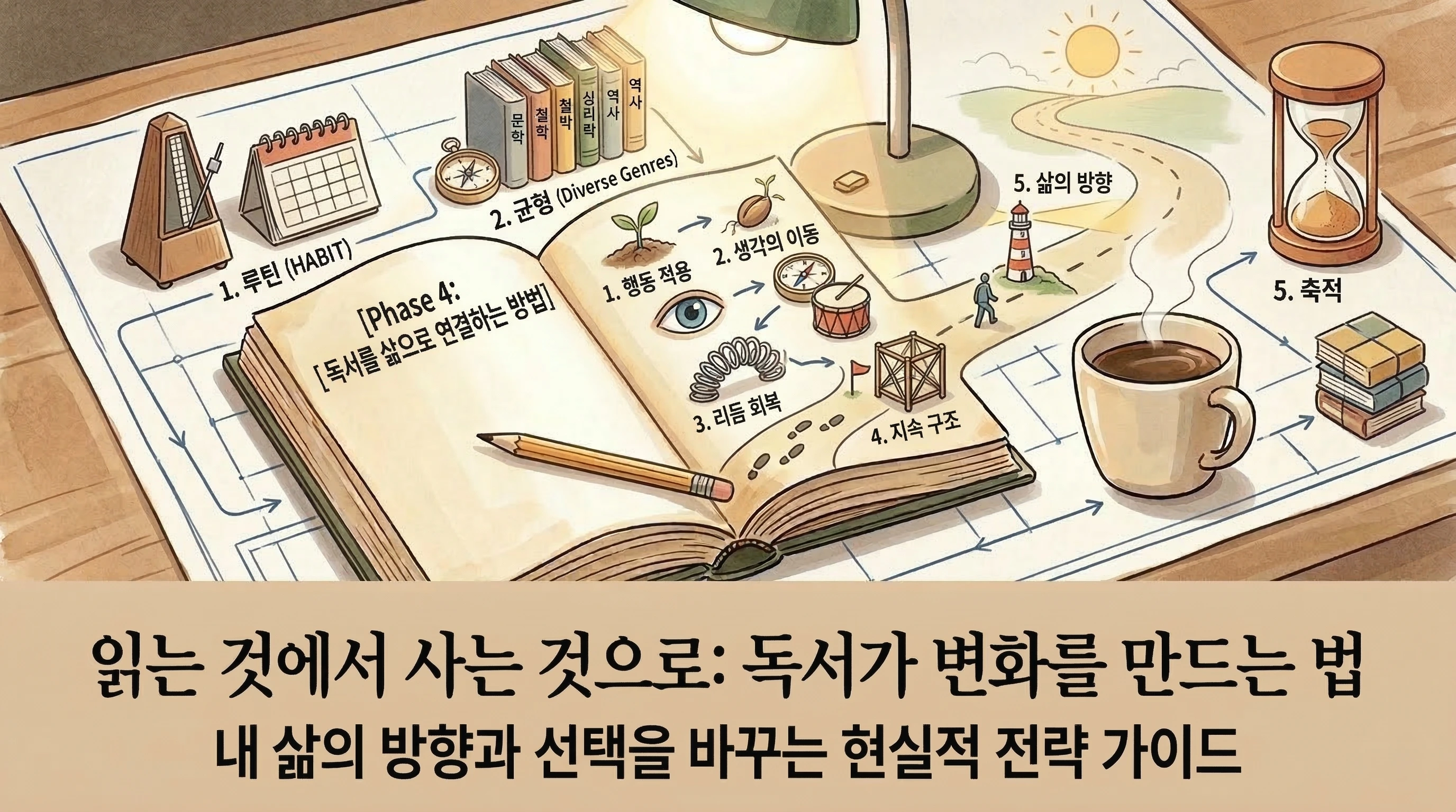 독서를 삶의 변화로 연결하는 5가지 전략(행동 적용, 생각의 이동, 리듬 회복, 지속 구조, 삶의 방향)을 지도 형태로 시각화한 작은서재 블로그의 대표 이미지. 따뜻한 마커 드로잉 스타일로 책 속의 길이 등대가 있는 삶의 방향으로 이어지는 모습을 묘사함. 하단 바에 '읽는 것에서 사는 것으로: 독서가 변화를 만드는 법' 텍스트 포함