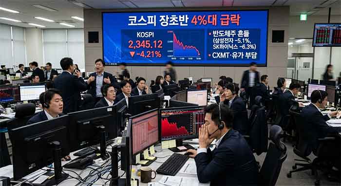 증권사 트레이딩룸에서 코스피 급락 화면을 보는 트레이더들.