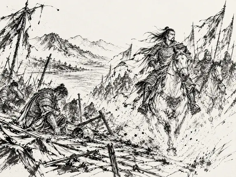 Gwontojungrae (捲土重來), a minimalist black ink sketch illustrating Xiang Yu's imagined comeback after defeat, with a cavalry army charging through swirling dust.