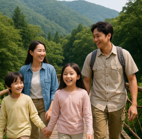 가족이 산에서 트래킹 하는 모습