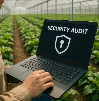 온실 내부에서 관리자가 노트북으로 스마트팜 보안 점검을 수행하는 모습